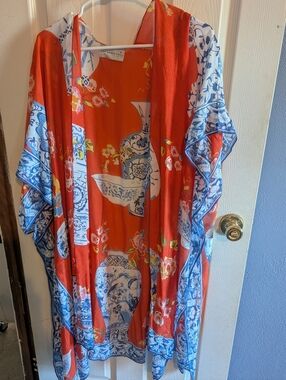 Vibrant Red & Blue Floral Kimono Cover-Up